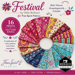 May include: A bundle of 16 half-yard fabric prints titled Festival by Odile Bailloeul for Free Spirit Fabrics. The fabric pieces are arranged in a circular fan pattern, featuring vibrant floral, geometric, and striped designs in pink, yellow, blue, and orange hues.