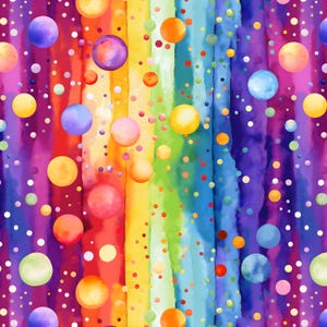 May include: A vibrant, watercolor-style pattern featuring vertical stripes in rainbow colors. Large, colorful orbs and smaller dots of various sizes and colors are scattered throughout the design, creating a playful and whimsical effect.
