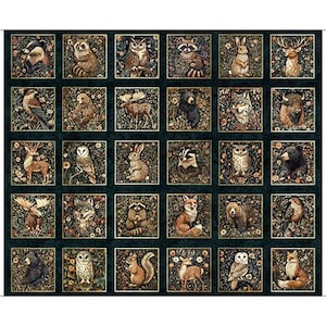 May include: A fabric panel featuring a grid of thirty square illustrations of North American wildlife, including bears, deer, owls, foxes, and raccoons, set against a dark background with floral and botanical details in each individual square.