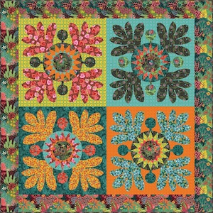 May include: A colorful quilt with four squares, each featuring a different design. The squares are surrounded by a border of green, orange, and brown floral patterns.