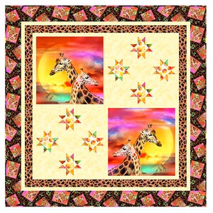 May include: A quilt block with a beige background featuring two images of giraffes against a sunset backdrop. The images are surrounded by a border of brown and black leopard print fabric. The block also features eight colorful star-shaped quilt blocks.