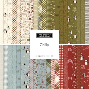 May include: A collection of 42 fabric squares measuring 25.4 cm by 25.4 cm, featuring various holiday-themed patterns including penguins, Christmas text, stars, plaid, and gingham in red, green, blue, and cream colours with the label Chilly.