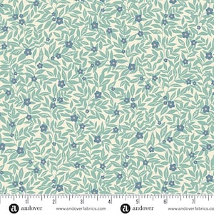 May include: A fabric with a repeating pattern of blue flowers and green leaves on a cream background. The floral design is dense and covers the entire surface, creating a textured appearance. The fabric is suitable for various sewing projects.