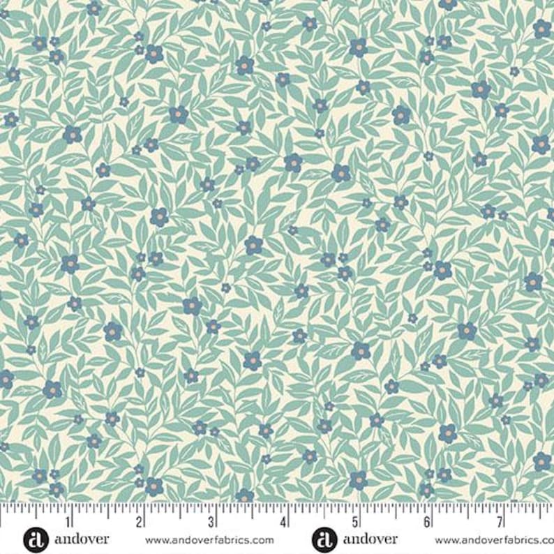 May include: A fabric with a repeating pattern of blue flowers and green leaves on a cream background. The floral design is dense and covers the entire surface, creating a textured appearance. The fabric is suitable for various sewing projects.