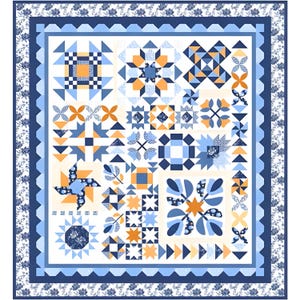 May include: A patchwork quilt with a variety of geometric patterns in shades of blue, orange, and white. The quilt features a floral border and a scalloped edge, creating a visually appealing design. The quilt is a square shape.
