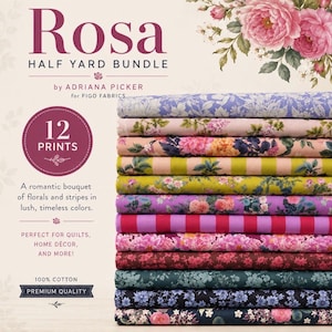 May include: A stack of 12 folded fabric pieces from the Rosa Half Yard Bundle by Adriana Picker for Figo Fabrics. The textiles feature various floral patterns and stripes in shades of blue, pink, green, yellow, and dark red, all made of 100% cotton.