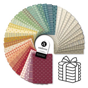 May include: A collection of fabric swatches in a fan shape, showcasing a range of patterns like stripes, spots, and checks. The swatches are labelled "andover". A stack of fabric is illustrated in the lower right corner.
