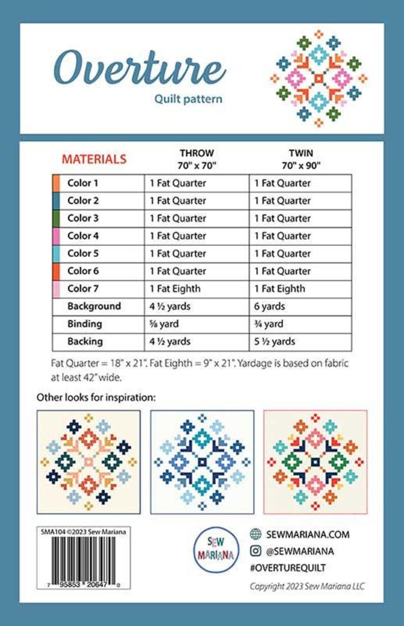 K&ouml;nnte beinhalten: Anleitung f&uuml;r das Quiltmuster Overture mit einer Farbtabelle und Stoffanforderungen f&uuml;r eine Quiltdecke in &Uuml;berwurf- oder Doppelbettgr&ouml;&szlig;e. Das Muster enth&auml;lt ein geometrisches Design mit einer Vielzahl von Farben, darunter Rot, Orange, Gelb, Gr&uuml;n, Blau und Pink. Das Muster enth&auml;lt auch ein kleines Bild des Quilts in verschiedenen Farbvarianten.