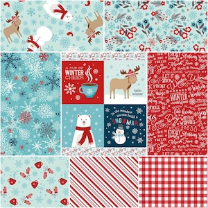 May include: A collection of winter-themed fabric patterns. Designs include snowflakes, reindeer, snowmen, and polar bears. Some squares feature text like "A Cup of Winter Cheer" and "In the meadow we can build a snowman."