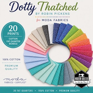 May include: A bundle of 20 cotton fat quarter fabric pieces arranged in a circular fan pattern. Each piece features a white polka dot pattern on a solid background in various colours including blue, green, pink, orange, purple, grey, and black.