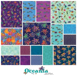 May include: A collection of colorful fabric swatches with ocean-themed patterns. Designs include fish, seahorses, octopuses, turtles, and coral in various shades of blue, purple, green, and orange. The word "Oceania" is displayed in turquoise.
