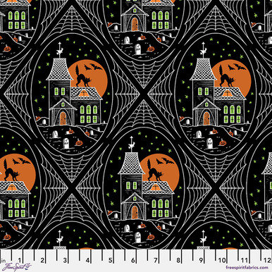 Scaredy Cat Haunted House by Rachel Hauer of Free Spirt Fabrics PWRH026.black (Halloween, haunted house, cats) Priced/Sold by the Half Yard