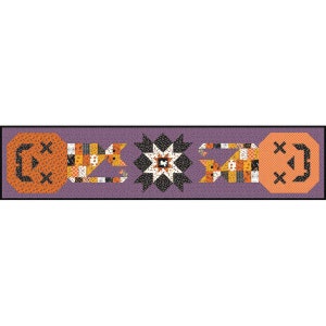 May include: A Halloween-themed quilted table runner with the word "BOO" spelled out in patchwork letters. The design includes orange pumpkins, a star, and various patterned fabrics on a purple background.