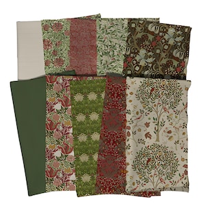 May include: A collection of fabric swatches featuring various floral and botanical patterns. The swatches display a range of colors, including green, red, and cream, with detailed designs of flowers, leaves, and trees. Some swatches are solid colors, while others have intricate, repeating patterns.