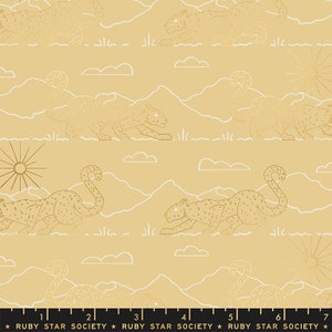 May include: A seamless pattern featuring a gold cheetah silhouette on a light yellow background. The cheetah is walking across a white mountain range with white clouds and a sun in the sky.