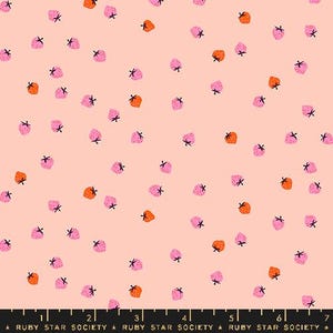 May include: A pink fabric with a repeating pattern of pink and orange strawberries. The fabric has a black ruler with numbers 1 through 7 printed on it. The text "RUBY STAR SOCIETY" is printed on the ruler.
