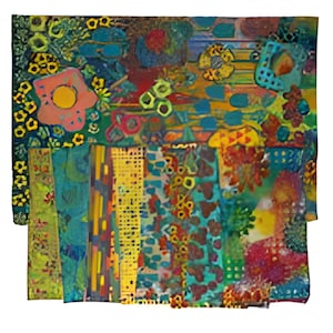 May include: Abstract art piece with a vibrant mix of colors. The artwork features a variety of shapes and patterns, including floral motifs, geometric designs, and textured elements. The color palette includes shades of blue, yellow, red, and green.