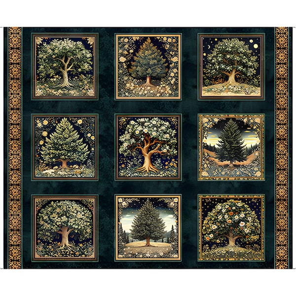 Preorder: Cedar & Sage Tree Picture Blocks Panel 31951-W by Quilting Treasures-May 2026