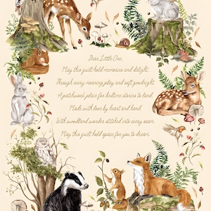 May include: A whimsical illustration featuring woodland creatures like deer, rabbits, and a fox, surrounded by foliage and mushrooms. The text "Dear Little One" and a poem are included, creating a cozy, storybook feel. The color palette is soft and inviting.