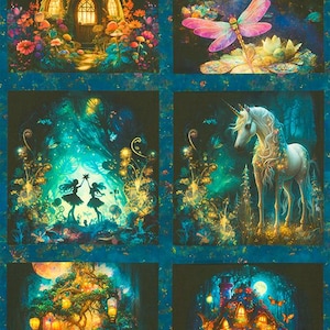 Può includere: Un tessuto colorato con sei diverse scene di una foresta magica. Le scene includono una casa a forma di fungo, una libellula, fate, un unicorno, un albero con lanterne e un'altra casa a forma di fungo.