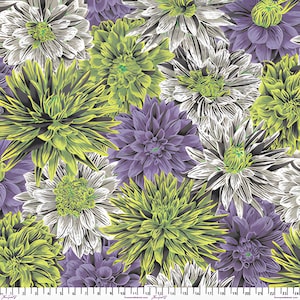 May include: A fabric pattern featuring a repeating floral design. The flowers are in shades of white, lime green, and purple, set against a lavender background. The flowers have detailed petals and a realistic appearance.