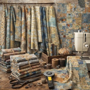 May include: A collection of fabric bolts in shades of blue, tan, and brown with geometric patterns hanging from a wooden rod. Stacks of folded fabric, wooden spools, a rotary cutter, metal scissors, and a sewing machine are on the table.
