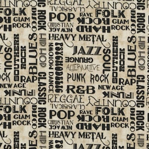 Könnte beinhalten: Ein beigefarbener Hintergrund mit schwarzem Text, der verschiedene Musikgenres auflistet, darunter Rock, Pop, Jazz, Country, Folk, Rap, Heavy Metal und mehr.