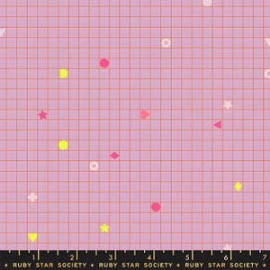 May include: Pink fabric with a grid pattern and scattered geometric shapes in various colors, including pink, yellow, and white. The text "RUBY STAR SOCIETY" is at the bottom. The shapes include circles, stars, diamonds, and triangles.