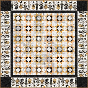 May include: A black and white quilt with a checkerboard pattern of orange and white squares. The quilt is surrounded by a black border with a repeating pattern of black and white figures.