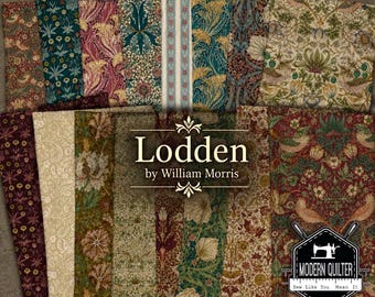 May include: A collection of patterned fabric swatches in various colors, including teal, burgundy, and cream. The fabrics feature floral and botanical designs, with the text "Lodden by William Morris" and a "Modern Quilter" logo.