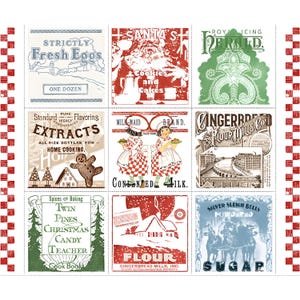 Puede incluir: Un collage de etiquetas de alimentos de estilo vintage con texto como "Fresh Eggs", "Cookies and Cakes" y "Extracts". Las etiquetas presentan ilustraciones de un hombre de jengibre, una granja y una lechera. La paleta de colores incluye rojo, verde y azul.