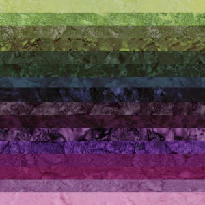 May include: A fabric swatch with a colour gradient from light green to pink. The fabric is divided into horizontal stripes, each with a unique marbled pattern. The colours transition smoothly, creating a visually appealing textile design.
