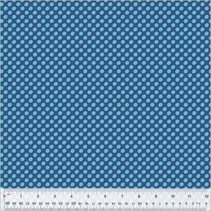 May include: A blue fabric with a repeating pattern of light blue circles.