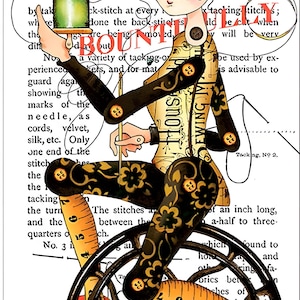 Peut inclure: Illustration d'une figure en forme de femme sur le thème de la couture. La figure est composée d'outils de couture et de tissu, avec une bobine de fil vert, un mètre ruban et le texte "SHE WHO SEWS".