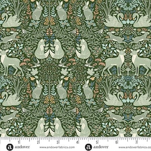 May include: A repeating pattern fabric featuring woodland creatures such as rabbits, foxes, deer, and swans. The design is set against a dark green background with floral and leaf accents. The fabric has a vintage, whimsical aesthetic.