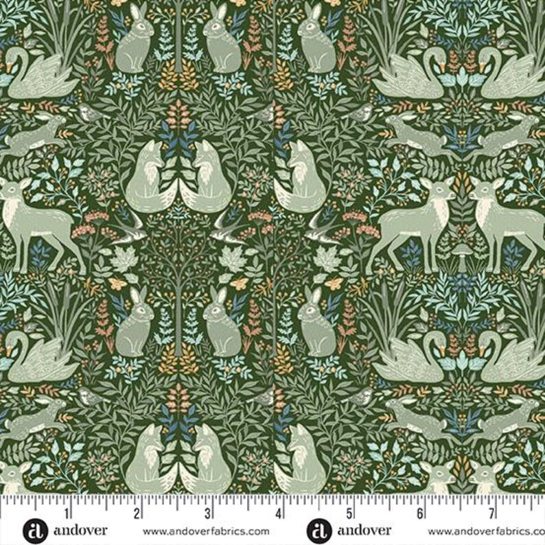 May include: A repeating pattern fabric featuring woodland creatures such as rabbits, foxes, deer, and swans. The design is set against a dark green background with floral and leaf accents. The fabric has a vintage, whimsical aesthetic.