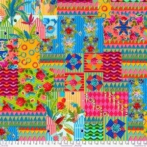 May include: A vibrant patchwork fabric design featuring a collage of colorful geometric shapes, floral patterns, and tropical motifs. The design incorporates various colors, including blue, yellow, pink, and green, creating a lively and artistic textile.