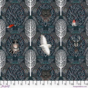 May include: A fabric pattern featuring a forest scene with stylized trees and woodland creatures. The design includes a fox, raccoon, owl, bear, and deer, set against a dark blue background with white and teal accents. The text "freespiritfabrics.com" is visible.