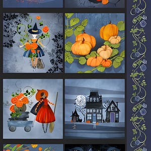 May include: A collection of Halloween-themed art prints. The images feature pumpkins, witches, crows, and spooky houses. The color palette includes orange, blue, and black, creating a festive and eerie atmosphere.