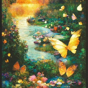 Könnte beinhalten: Ein Gemälde, das einen Bach zeigt, der durch einen üppigen Wald fließt, mit einem goldenen Sonnenuntergang im Hintergrund. Schmetterlinge in verschiedenen Farben fliegen um den Bach und die Blumen.