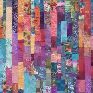 Peut inclure: Une courtepointe patchwork vibrante composée de bandes verticales aux couleurs variées. Les pièces de tissu présentent des motifs floraux, abstraits et géométriques dans des tons de rose, violet, orange, bleu et vert.