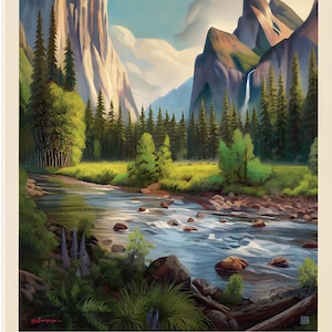 May include: A landscape print of Yosemite National Park. The artwork depicts a river flowing through a valley with mountains, trees, and a waterfall. The text "YOSEMITE NATIONAL PARK" is at the bottom in purple.