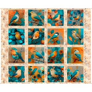 May include: A grid of sixteen square panels featuring various birds in shades of teal, orange, and beige. Each panel depicts a different bird perched among foliage, rendered in a painterly style with textured backgrounds and a consistent color palette.