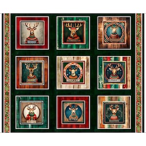 May include: A fabric panel featuring nine square illustrations of reindeer wearing sweaters, each labeled with names like Cupid and Comet. The design includes a dark green background and vertical side borders with a repeating circular pattern.