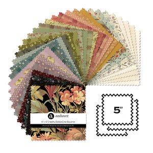 May include: A stack of square fabric swatches with pinked edges, arranged in a fan shape. The fabric features various floral, botanical, and geometric patterns in shades of green, red, yellow, and black. A label reads Andover 5 inch 100% cotton.