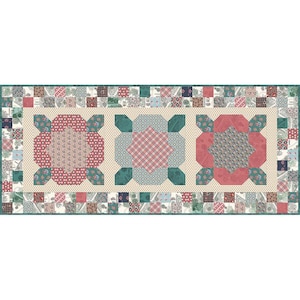 May include: A patchwork quilt runner with a cream background and three large floral designs in shades of pink, red, and blue. The floral designs are surrounded by a border of smaller patchwork squares in various colors and patterns.