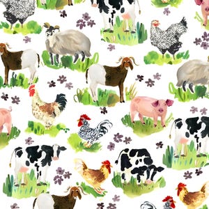 White Hay There di Dear Stella Designs DJL2238 (animali da fattoria, maiali, mucche, polli, pecore) - Prezzo/Venduto a mezzo metro