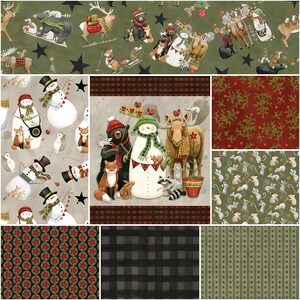 May include: A collection of fabric swatches featuring whimsical winter and holiday designs. The patterns include snowmen, woodland animals, stars, and plaid in various color schemes, perfect for seasonal crafts and decor.