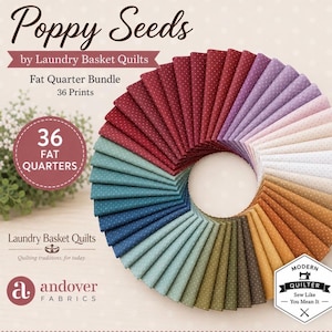 Pode incluir: Um pacote de fat quarters Poppy Seeds da Laundry Basket Quilts com 36 estampas de tecido dispostas em leque circular. Cada peça de tecido apresenta uma cor sólida com um padrão de pequenos pontos brancos, variando num espectro de tons vermelhos, roxos, rosas, brancos, laranjas, castanhos, verdes e azuis.