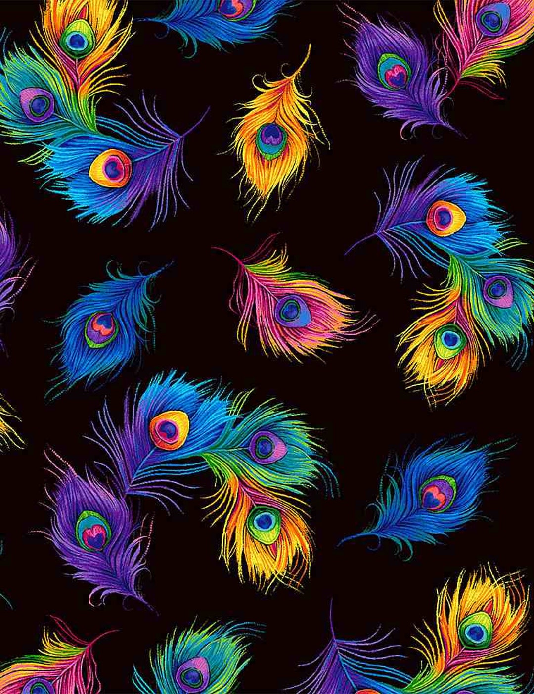 Tossed Rainbow Peacock Feathers Plume C8413 by Timeless Treasures